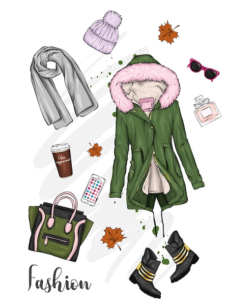 Conjunto de ropa y accesorios de otoño para mujer con estilo | Vector  Premium