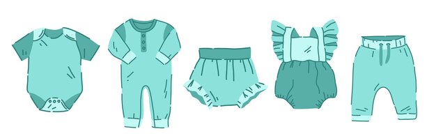 Conjunto de ropa de bebé onesie pañal cubierta mameluco mono pantalones para bebés ilustración de vector dibujado a mano