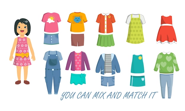 Conjunto de ropa casual para niños o niñas vector editable que se puede mezclar y combinar
