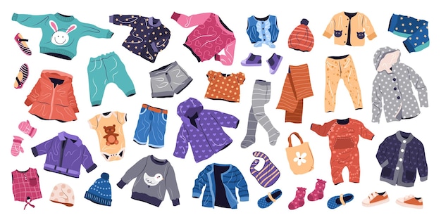 Vector conjunto de ropa casual para niños prendas de moda aisladas para niños y niñas colección de uso