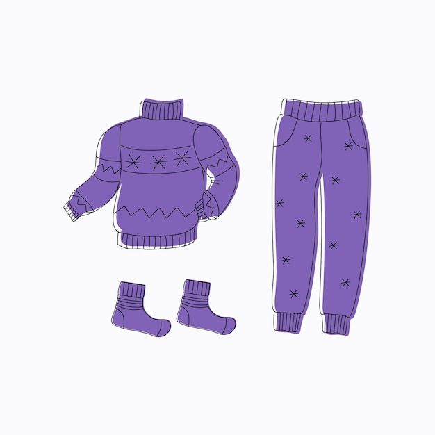 Un conjunto de ropa, chaqueta, calcetines y pantalones, ilustración vectorial con fondo aislado x9