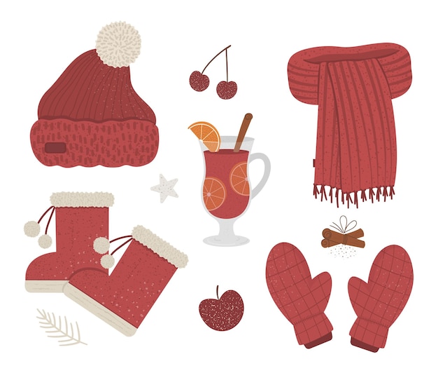 Vector conjunto de ropa de color rojo de invierno. colección de prendas de vestir vectoriales para climas fríos. ilustración plana de suéter caliente de punto, orejeras, guantes, botas, bebida caliente y especias.