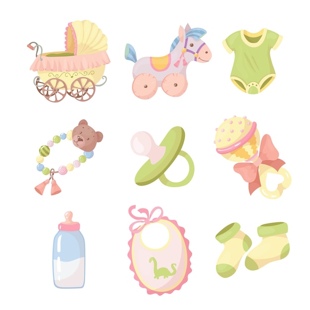 Vector un conjunto de ropa y complementos para niños pequeños. sonajeros para recién nacidos. productos para niños. ilustración de vectone aislado sobre fondo blanco.