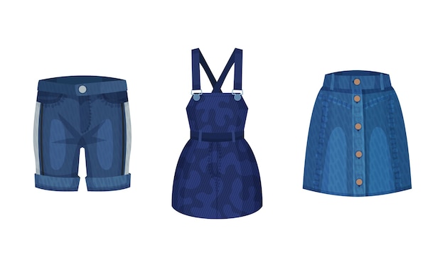 Conjunto de ropa denim de moda pantalones cortos femeninos de moda vestido de falda ilustración vectorial
