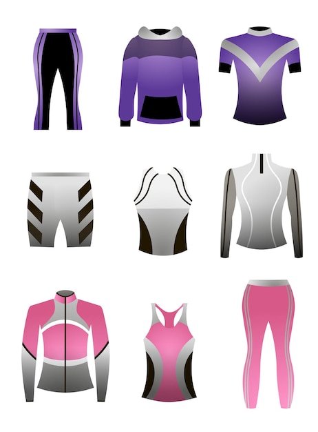 Vector conjunto de ropa deportiva profesional colorida, para correr o entrenar en interior para hombre y mujer