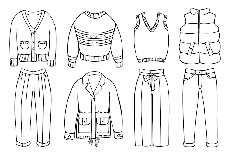 Vector conjunto de ropa dibujado a mano para el clima frío. doodle artículos de prendas de vestir aislados en el fondo blanco