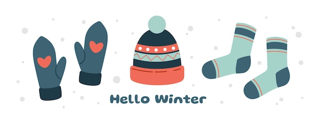 Conjunto de ropa de invierno Accesorios de punto para invierno y otoño Sombrero mitones calcetines ropa exterior cálida Vector