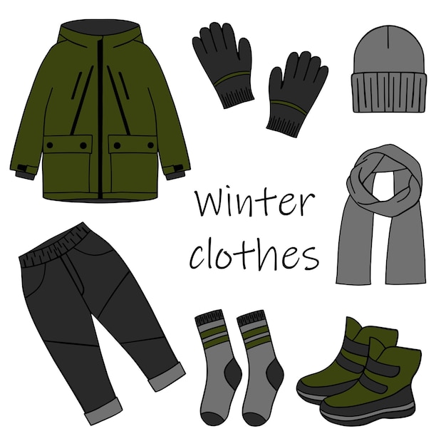 Conjunto de ropa de invierno al estilo doodle Una colección de bocetos dibujados a mano con botas calcetines guantes bufanda chaqueta y sombrero Ilustración vectorial