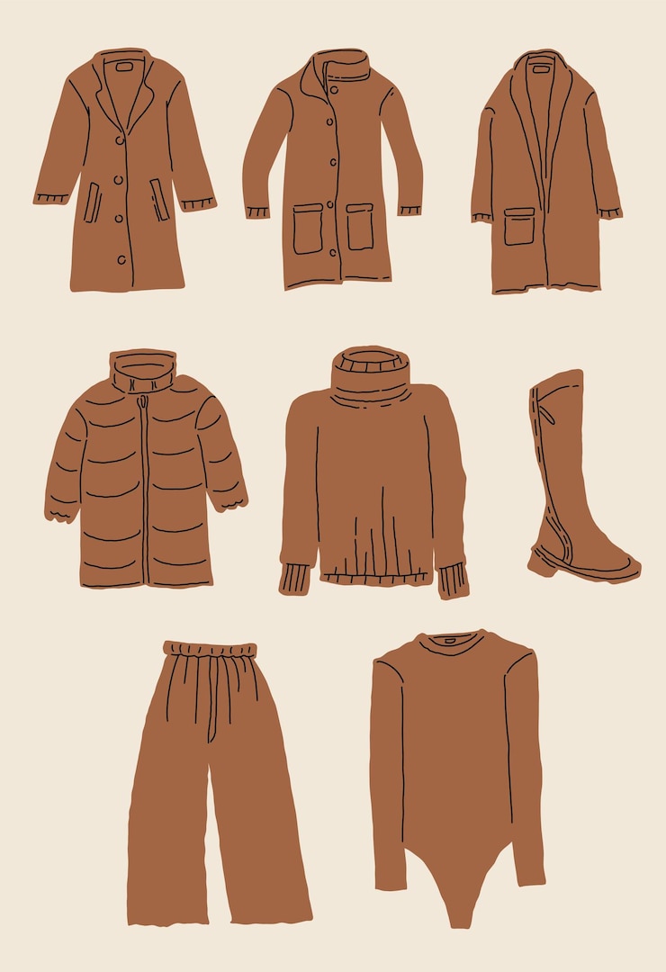 Vector conjunto de ropa de invierno armario de invierno de dibujos animados con ropa casual y elegante masculina y femenina fría