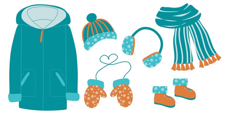 Vector conjunto de ropa de invierno cálida sombrero par de mitones abrigo y botas ilustración vectorial aislada en wh