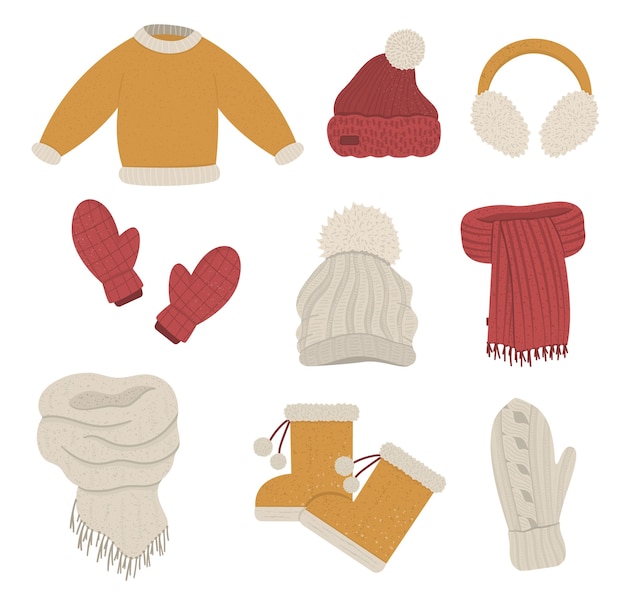 Conjunto de ropa de invierno. colección de prendas de vestir para climas fríos. ilustración plana de suéter cálido de punto, sombreros, guantes, bufandas, botas.