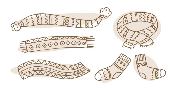 Vector un conjunto de ropa de invierno dibujada a mano ilustración vectorial en estilo garabato estado de ánimo de invierno hola 2023 feliz navidad y feliz año nuevo bufandas y calcetines marrones sobre un fondo blanco
