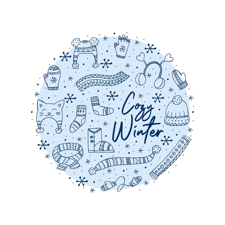 Un conjunto de ropa de invierno dibujada a mano Ilustración vectorial en estilo garabato Estado de ánimo de invierno Hola 2023 Feliz Navidad y Feliz Año Nuevo Elementos azules en forma de círculo sobre un fondo blanco