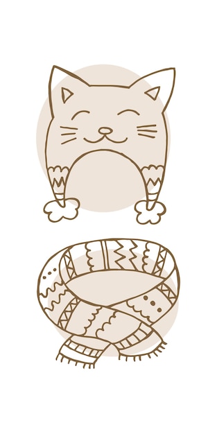 Un conjunto de ropa de invierno dibujada a mano Ilustración vectorial en estilo garabato Estado de ánimo de invierno Hola 2023 Feliz Navidad y Feliz Año Nuevo Sombrero marrón y bufanda sobre un fondo blanco