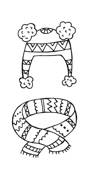 Un conjunto de ropa de invierno dibujada a mano Ilustración vectorial en estilo garabato Estado de ánimo de invierno Hola 2023 Feliz Navidad y Feliz Año Nuevo Sombrero negro y bufanda sobre un fondo blanco
