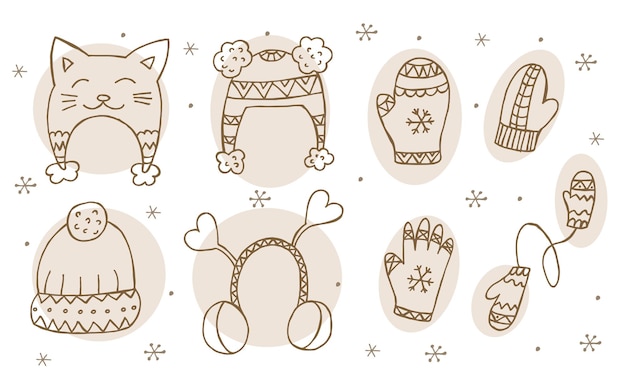 Un conjunto de ropa de invierno dibujada a mano Ilustración vectorial en estilo garabato Estado de ánimo de invierno Hola 2023 Feliz Navidad y Feliz Año Nuevo Sombreros marrones mitones y guantes sobre un fondo blanco