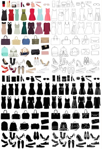 Conjunto de ropa de moda de mujeres aisladas bocetos y siluetas