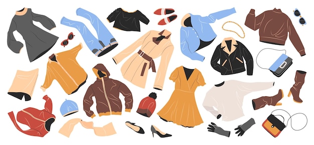 Vector conjunto de ropa de moda para mujeres prendas y accesorios casuales para otoño e invierno