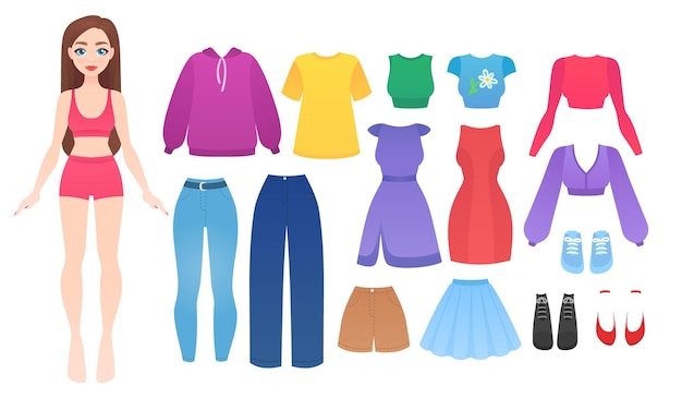 Conjunto de ropa de moda de niña de muñeca de papel vectorial ilustración vectorial aislada