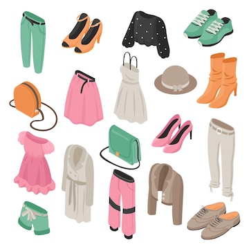 Conjunto de ropa de moda vestidos de outwear zapatos pantalones bolsos falda pantalones cortos aislados sobre fondo blanco 3d ilustración vectorial isométrica | Vector Premium
