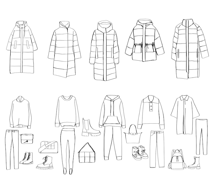 Vector conjunto de ropa de mujer chaqueta sketch down suéter traje deportivo bolso zapatos