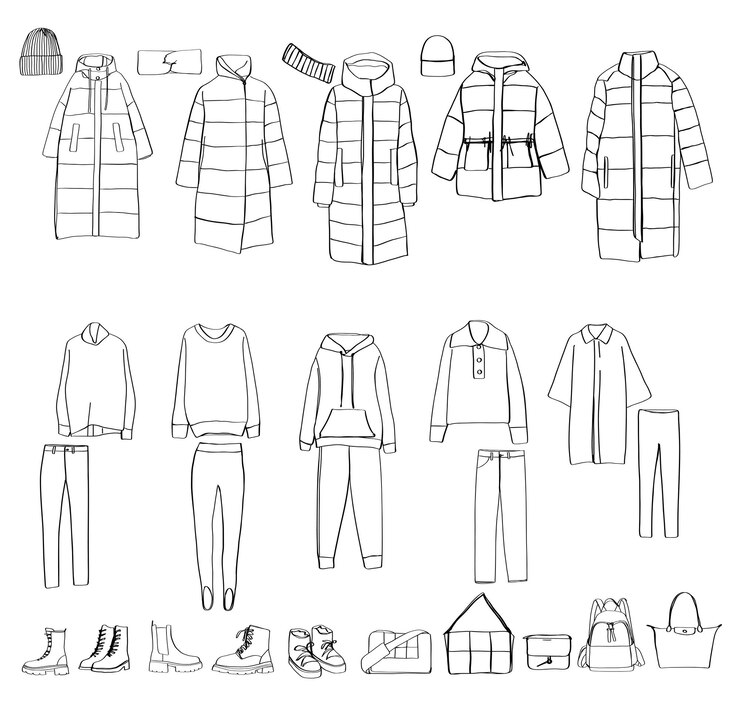 Vector conjunto de ropa de mujer chaqueta sketch down suéter traje deportivo bolso zapatos