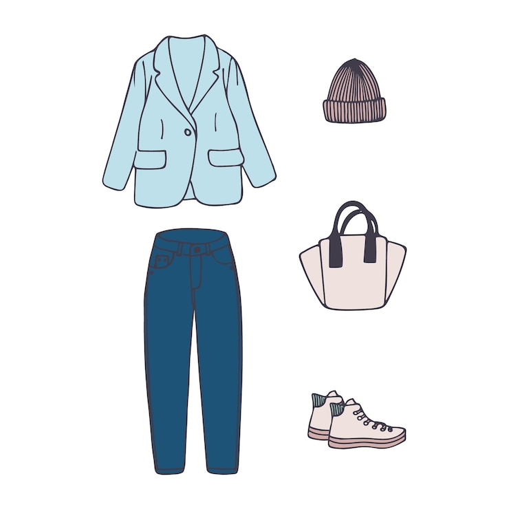 Vector conjunto de ropa de mujer: jeans, chaqueta, gorro de punto, zapatillas y bolso.