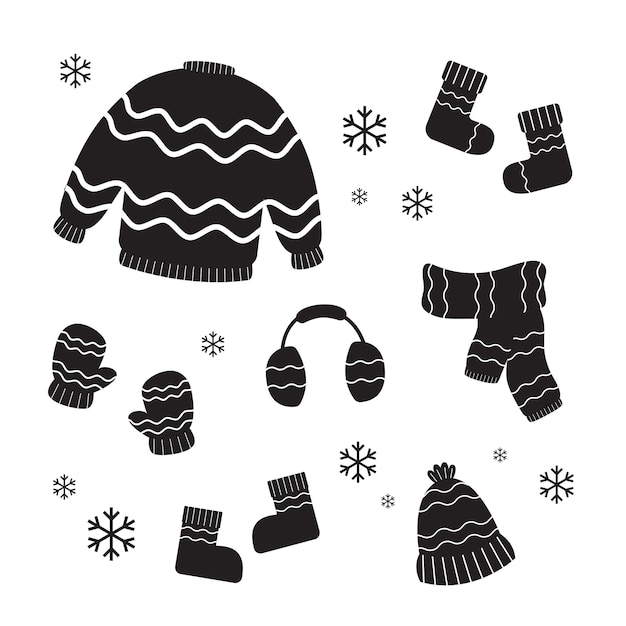 Conjunto de ropa negra de invierno y accesorios para el frío, sombreros negros, bufandas, guantes y calcetines