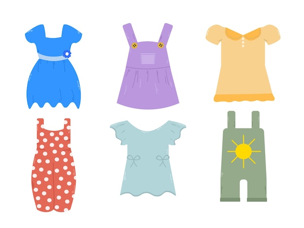 Vector conjunto de ropa para niños pequeños trajes para niñas trajes para bebés trajes textiles para niños diseño plano vectorial