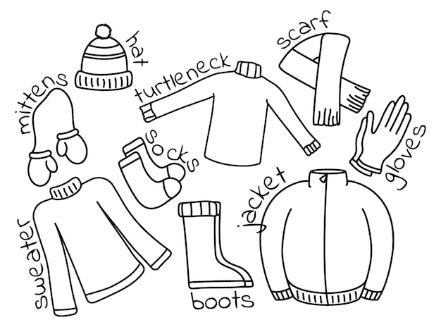 Conjunto de ropa con el nombre del artículo Imágenes de contorno para colorear Conjunto de cosas para aprender palabras