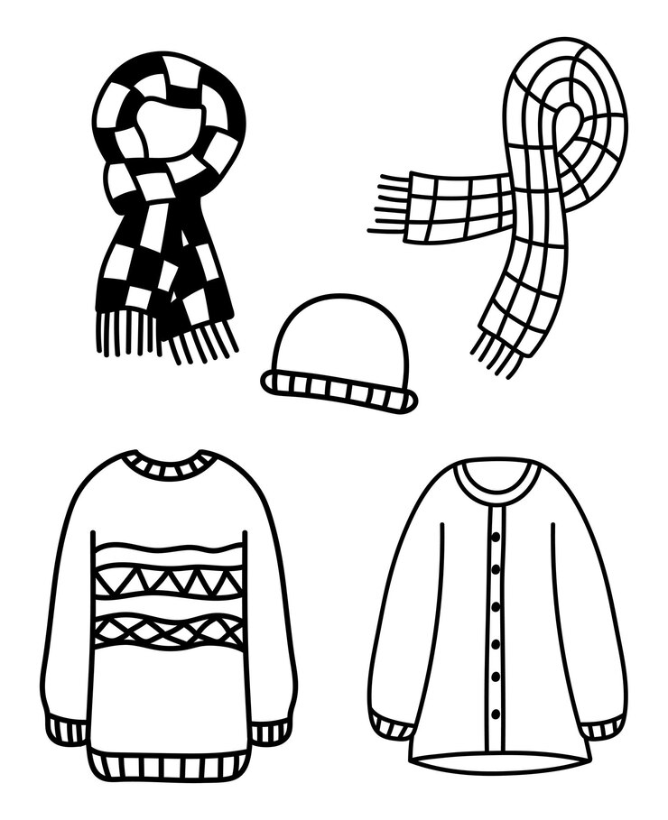 Vector conjunto de ropa de otoño de garabato aislado. suéteres acogedores dibujados a mano, bufandas, sombrero. vector otoño plano