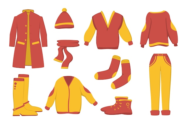 Conjunto de ropa de otoño en rojo y amarillo, estilo plano. imagen vectorial