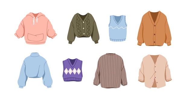 Conjunto de ropa de punto cálida. Prendas de punto para mujeres. Suéter, cardigan de invierno, suéter cálido, sudadera, chaleco, capucha suave de estilo moderno. Ilustración vectorial plana aislada sobre fondo blanco.