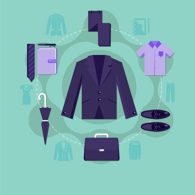 Vector un conjunto de ropa que incluye un traje, un bolso, un bolso, un maletín, un bolso, un bolso, un bolso, un bolso, un bolso y un traje.