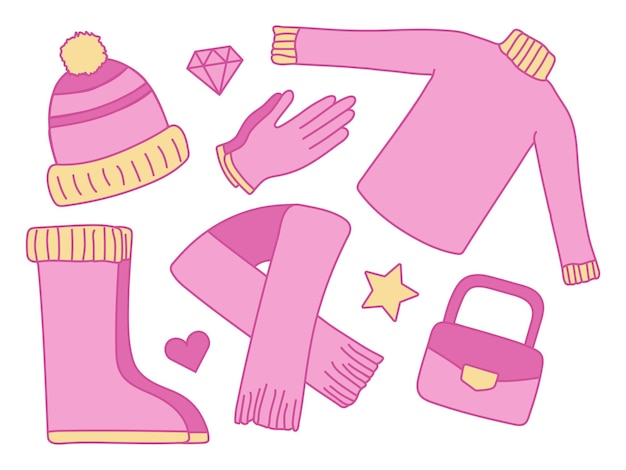 Vector conjunto de ropa rosa para muñeca barbie ropa de abrigo, botas y bolso gorro de lana y bufanda jersey de punto