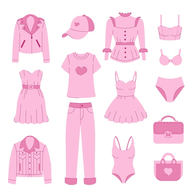 Conjunto de ropa rosa para niñas. Looks de primavera y verano. Ropa y accesorios de moda estilo Barbie. Ilustración vectorial.