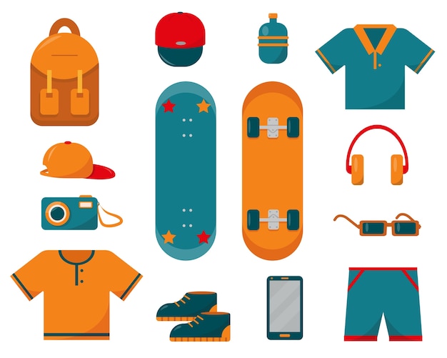 Conjunto de ropa de skate y cosas necesarias para el sketeboarding