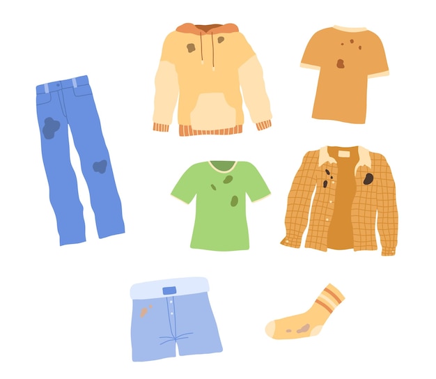 Vector conjunto de ropa sucia calcetín de camisa de jeans con manchas sucias aisladas en blanco ilustración vectorial en estilo de dibujos animados planos