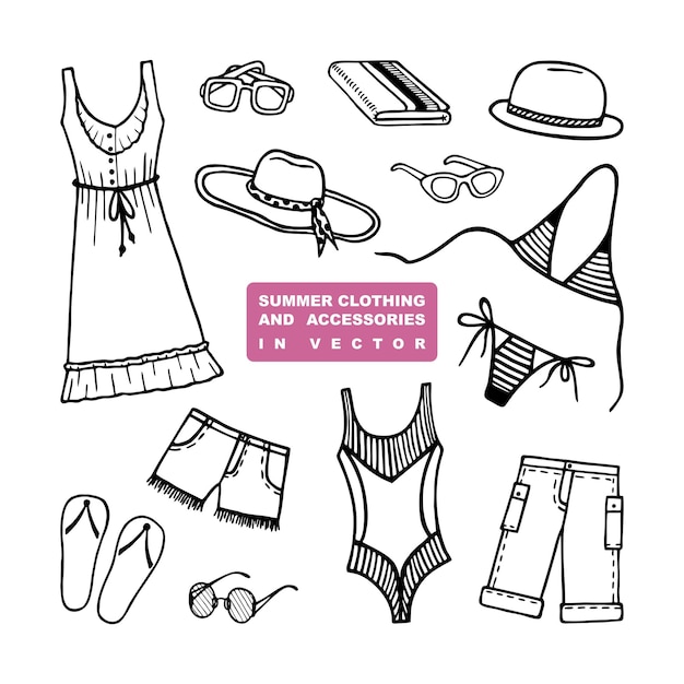 Conjunto de ropa de verano y accesorios de playa en vector