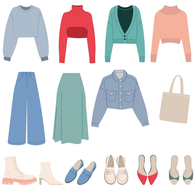conjunto de ropa y zapatos femeninos en un vector de fondo blanco