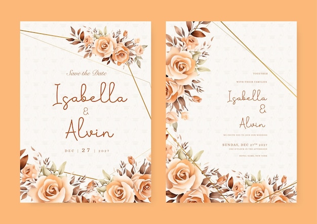Vector conjunto de rosas beige de plantilla de invitación de boda con formas y borde floral de flores