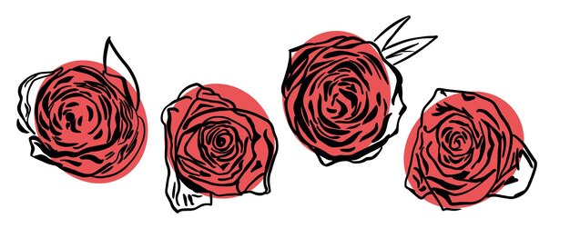 Conjunto de rosas en color rosa pastel dibujadas en estilo garabato Ilustración vectorial Imagen hecha a mano