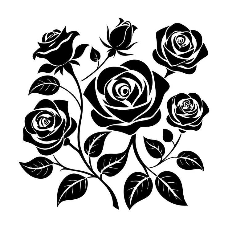 conjunto de rosas decorativas con hojas silueta de flores