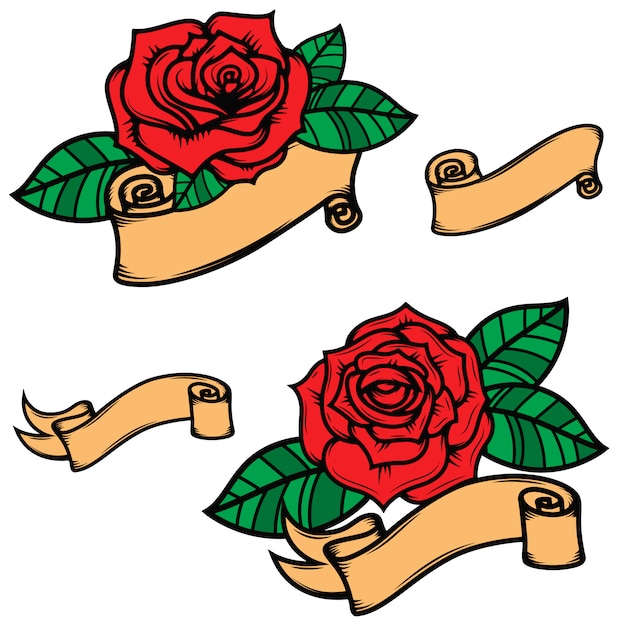 Conjunto de rosas de estilo de tatuaje de la vieja escuela con cintas sobre fondo blanco. elementos para póster, postal, camiseta. ilustración