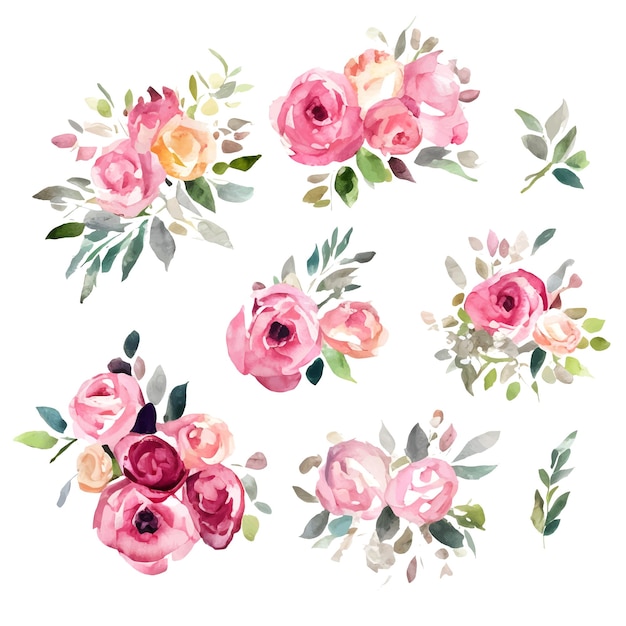 Conjunto de rosas retro flores de acuarela que pintan ilustraciones florales de ramos vintage