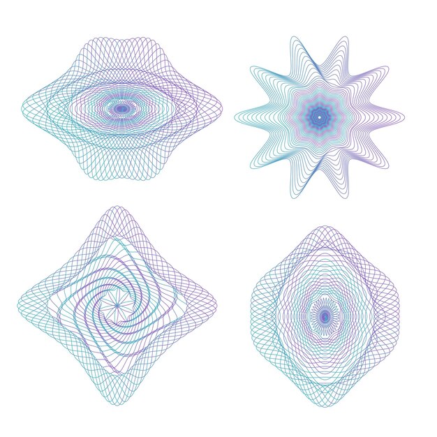 Conjunto de rosetas protectoras decorativas colección de elementos asimétricos de guilloche diseño vectorial lineal