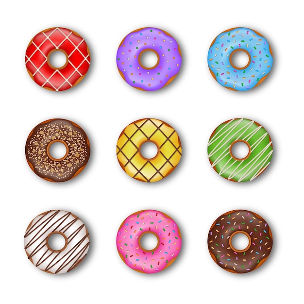 Conjunto de rosquillas aisladas vista superior de ilustración de rosquilla colorida