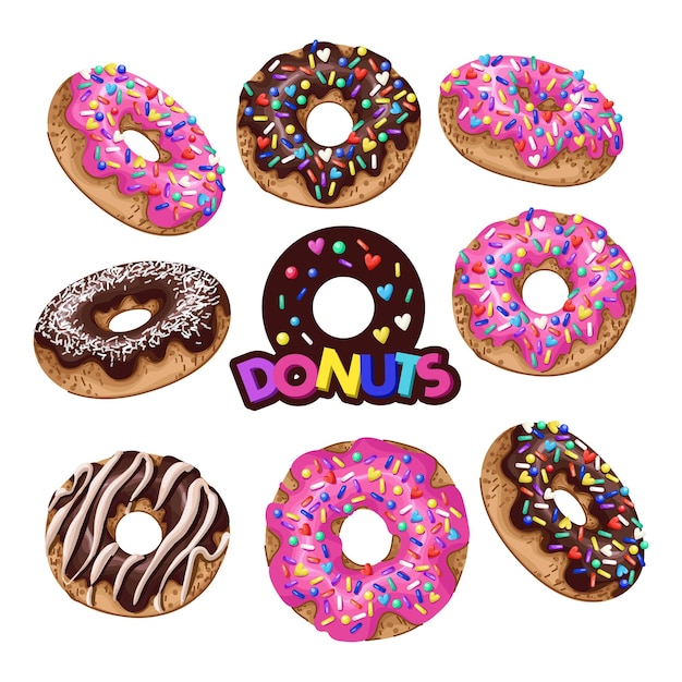 Conjunto de rosquillas con glaseado rosado y chocolate vectorial