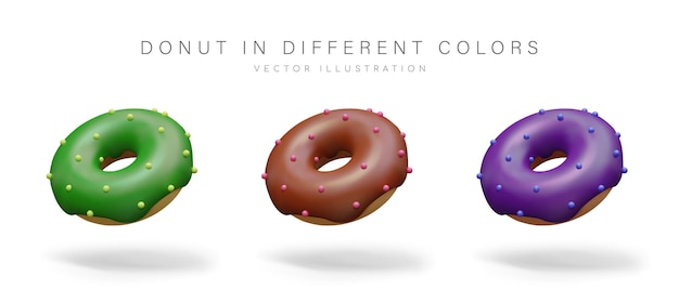 Conjunto de rosquillas realistas de diferentes colores pasteles dulces con ingredientes y salpicaduras