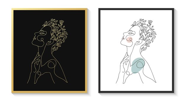 Conjunto de rostro de mujer mínimo retrato de arte lineal dibujado a mano